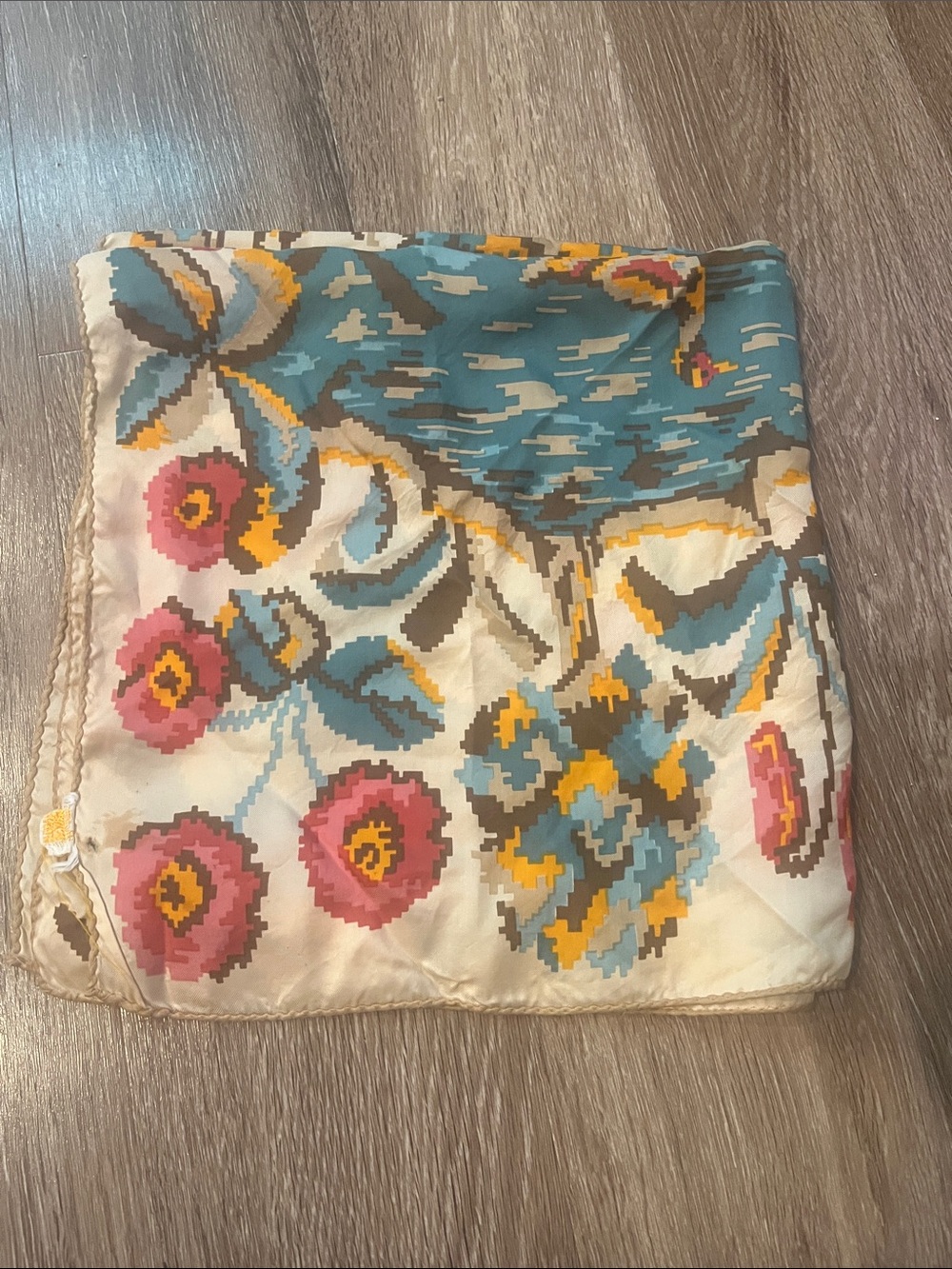 Floral Pixel-Print Silk blend Scarf in Teal, Pink & Yellow
